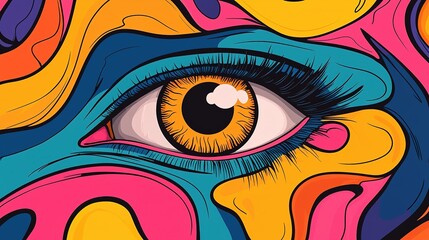 Retro 70s psychedelic digital art, doodle human face with oversized eyeball, surrounded by vivid colors and abstract patterns, creating a hippie trippy pop art vibe, seamless cartoon-style background