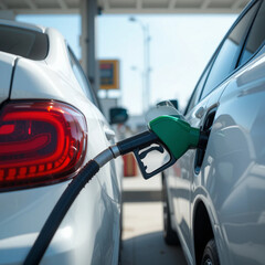 White car refueling at a gas station during daylight with a fuel pump inserted into the tank. The scene is bright and clear.beautiful pic