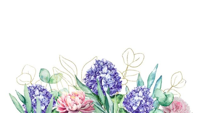 Watercolor leaves background, peonies and hydrangea flowers animation growing moving minimal decoration botanical ecological cosmetic wedding invitation spring summer plants