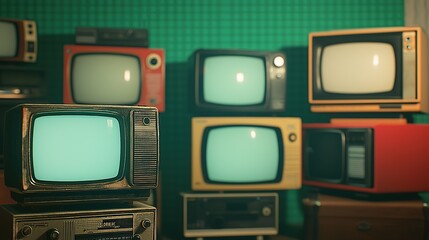 Retro vintage televisions displayed in an innovative arrangement, blending various screen types and designs, some on stands, others stacked, with a nostalgic vibe and soft, warm lighting 