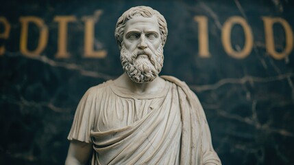 Roman philosopher marble statue, adult figure with detailed facial features, dignified posture, deep wrinkles symbolizing age and knowledge, stone texture capturing classical realism