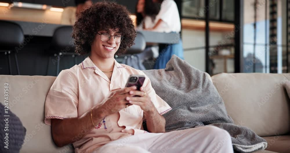 Poster phone, relax and man on sofa in home with research on mobile app for movie review or rating. cellpho