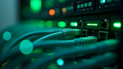 Network Server Rack with Ethernet Cables: Green Lights, Data Center Connectivity, IT Infrastructure, Technology, Close-Up View