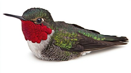 Closeup Portrait of a Colorful Hummingbird with Green and Red Feathers Against White Background