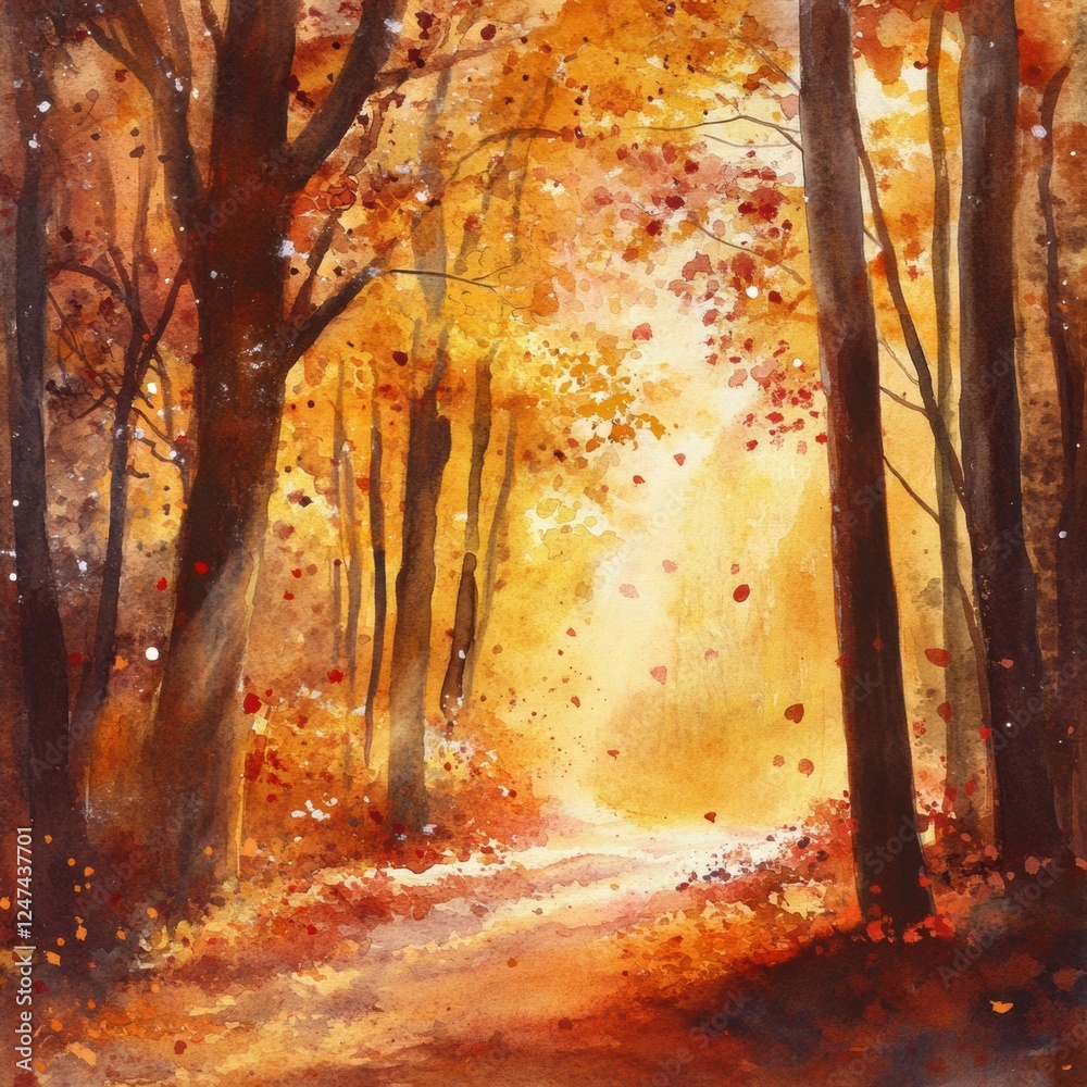 Poster Golden autumn forest path with colorful leaves and soft light in a serene atmosphere. Generative AI