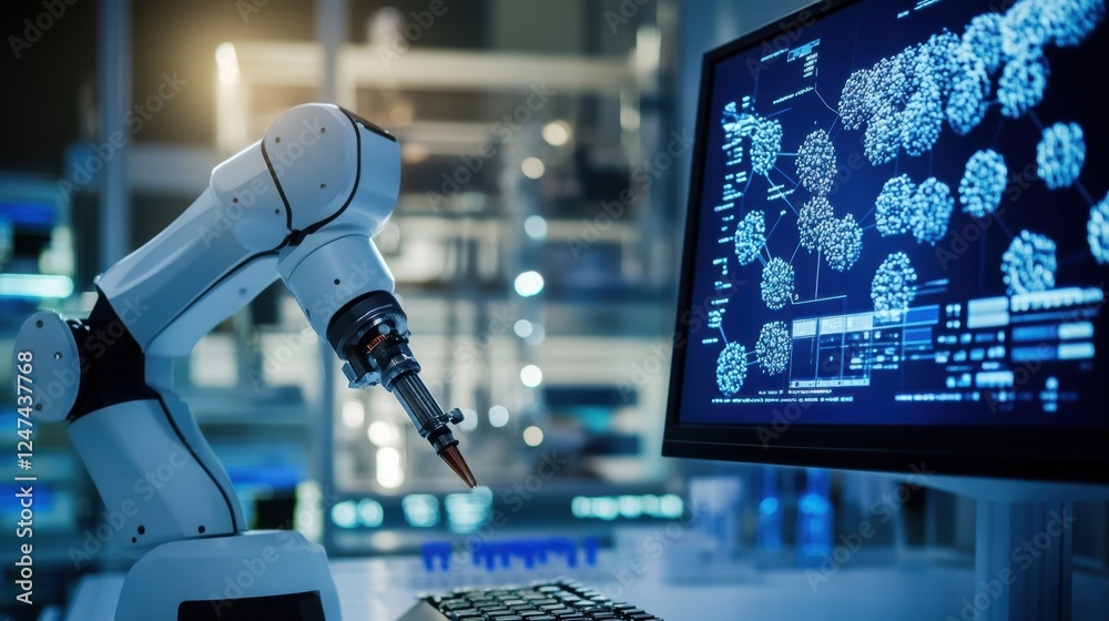 Poster robotic arm operates in a high tech laboratory, interacting with a computer screen displaying comple