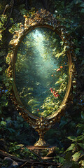 Fototapeta premium Enchanted Forest Reflection: A Magical Scene of Tranquility and Beauty with Vibrant Greenery, Sunlight and Ornate Elements in a Dreamlike Landscape of Serenity and Harmony