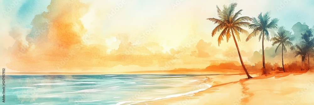 Aufkleber Sunset watercolor illustration featuring a serene beach landscape with palm trees and gentle waves under a colorful sky. Generative AI