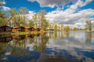 Obraz premium Peaceful lakeside cabins reflect on calm water under a vibrant sky