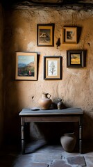 Photograph of an interior wall with framed pictures and vases on it
