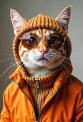 Stylish cat posing in trendy urban outfit, fashionable expression