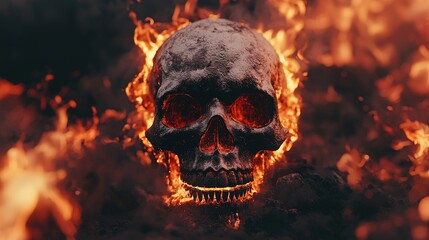 Skull engulfed in flames, detailed cracks and textures on the bone, intense fire swirling around the skull, creating a dramatic contrast between the heat and the cool, dark background