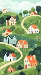 Naklejka premium Rolling hills are adorned with charming houses and winding paths