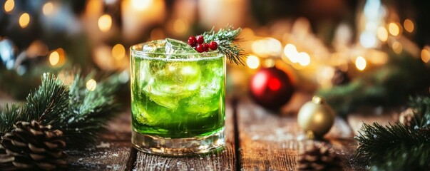 Green drink with festive decorations on a wooden table during a celebratory event