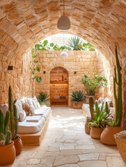 Stone hallway with arched ceiling, seating areas, plants, and warm, inviting lighting.