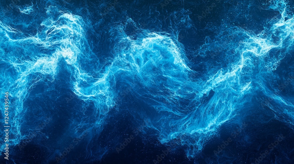 Poster Dynamic blue neon waves flow gracefully across the canvas, creating a sense of depth and energy. Ideal for premium wallpaper, this design captivates the viewer with its vibrant elegance