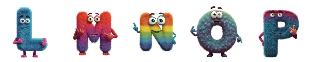 Fototapeta premium Colorful furry letters L, M, N, O, P with expressive faces at transparent background. PNG with transparency
