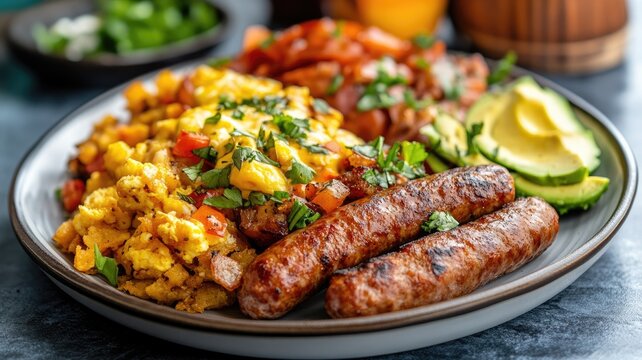 Delicious breakfast plate with scrambled eggs, sausage, avocado, and vegetables