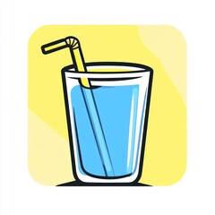 Glass of refreshing water with straw in a yellow setting for hydration or health