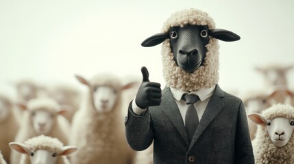 Black sheep wearing a suit, standing tall with a thumbs-up, amidst a group of white sheep