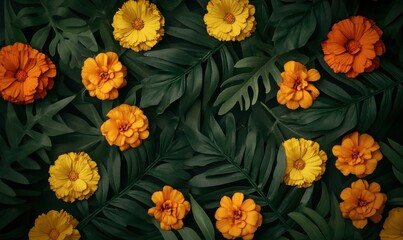 Fototapeta premium A vibrant display of yellow and orange marigold flowers arranged with scattered green leaves, styled for a festive and organic floral aesthetic