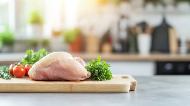Fresh chicken on a wooden cutting board