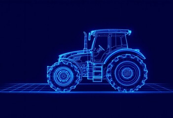 Blue neon tractor wireframe design on dark background. Modern agricultural vehicle silhouette. Digital farming technology concept. Glowing line art for banner with copy space
