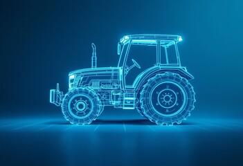 Digital blue neon tractor silhouette glowing on dark background. Modern farming technology concept. Agricultural machinery wireframe design. Smart farming with copy space