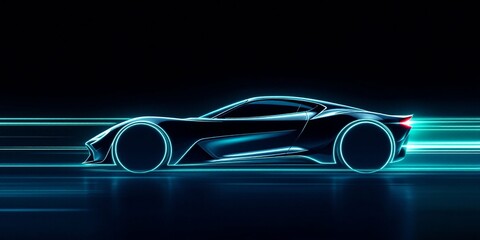 Futuristic sports car silhouette with neon blue light streaks on black background. Speed and motion concept. Modern automotive design with glowing effects for tech banner