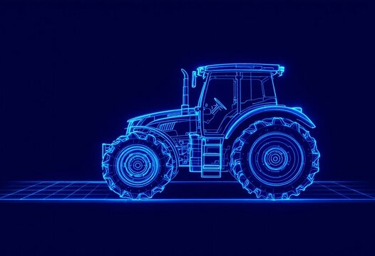 Blue neon tractor wireframe design on dark background. Modern agricultural vehicle silhouette. Digital farming technology concept. Glowing line art for banner with copy space