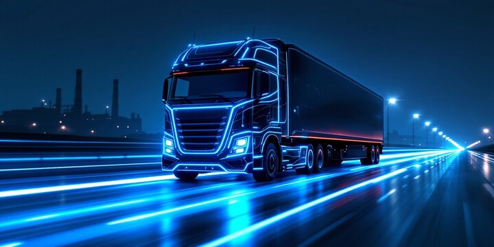Red semi truck driving on highway at night with blue neon light trails. Modern freight transportation on dark road with glowing effects. Future delivery concept with motion trails