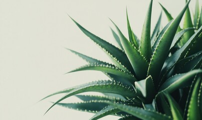 Obraz premium Aloe vera plant with thick green leaves and sharp edges, placed against a clean white backdrop for a fresh and natural aesthetic