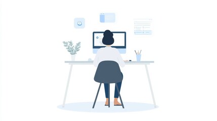 Telecommuting setup, person working from a home desk with a plant, calm workspace, digital screen displaying office tools