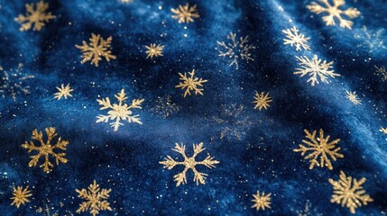 A blue fabric adorned with golden snowflake patterns, ideal for festive decorations.