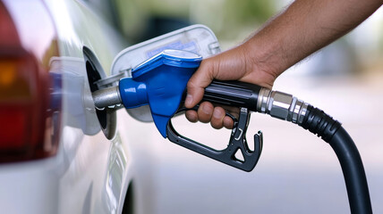 Refueling a white vehicle with a blue fuel nozzle in a modern minimalist gas station environment under soft light