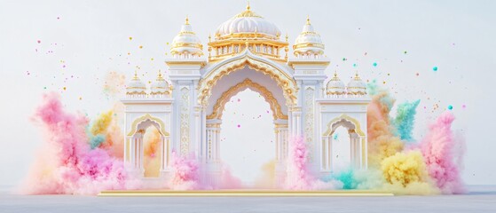  Indian Holi Symmetrical Archway with Colorful Powder Bursts on White Background, Traditional  Motifs, Gold Accents, and Vibrant Splashes. Copy space. Generative AI 