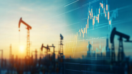 Silhouettes of energy pipelines against a vibrant trading screen illustrate the monumental forces shaping global oil and gas economics in a minimalist setting