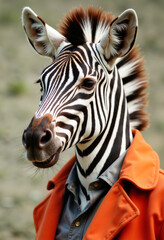 Naklejka premium Stylish zebra portrait wearing trendy clothing in soft lighting, elegance