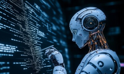 Fototapeta premium A humanoid robot analyzes digital code on a futuristic screen.