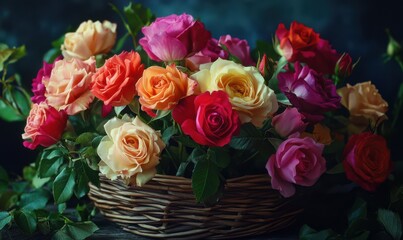 Assorted vibrant roses in a rustic basket, their petals rich with texture and color, softly illuminated to capture natural beauty