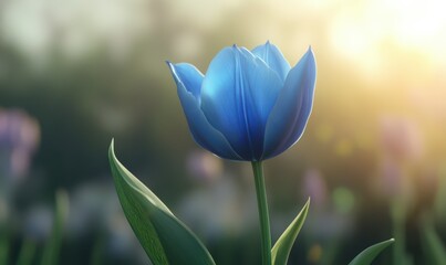 Elegant blue tulip in full bloom, its petals glowing against a soft blurred background, emphasizing simplicity and beauty