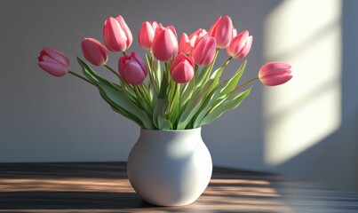 Fototapeta premium Elegant bouquet of pink tulips in a matte white vase, arranged on a minimalist wooden table under soft natural light