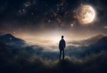 Fototapeta premium night sky watching fill milky a moon photo galaxy composite landscape amazement way stands time man wonder universe cosmic fantasy standing silhouette wanderlust nature camping hiking long exposure