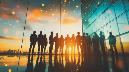 Fototapeta premium Group of business people silhouettes in modern office building and business network concept. Human resources with pastel innovation charts and graphs with statistics to analyze business 
