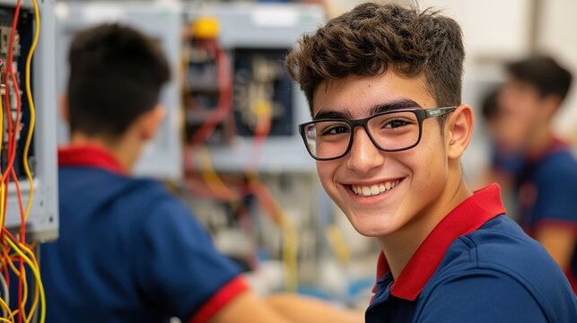 Vocational classroom filled with young electrician students, smiling as they work on electrical setups, showcasing enthusiasm and focus in a supportive learning environment