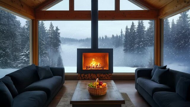 cozy cabin in the woods with fireplace, calm interior, beautiful snowy forest view, endless looped background animation, desktop wallpaper, looped video for long relaxing yt videos