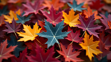 Obraz premium Autumn Leaves Background: Colorful Fall Foliage, Red, Orange, Yellow, Blue Maple Leaves, Vibrant Seasonal Nature Photography