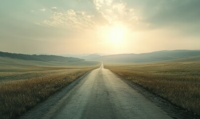 Endless countryside road under a dramatic sky, with the horizon bathed in warm sunlight for a peaceful and open landscape