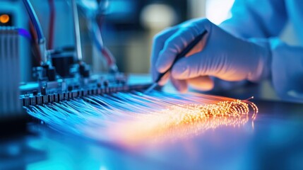 Gloved hands meticulously handle glowing fiber optic cables, showcasing advanced technology and precision in a modern laboratory setting focused on scientific innovation