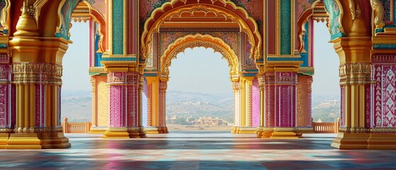 Indian Holi Symmetrical Archway with Colorful Powder Bursts, Traditional Indian Motifs, Gold Accents, and Vibrant Holi Splashes. Copy space. Generative AI 